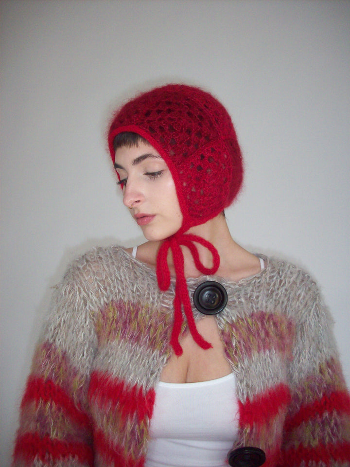 red crochet bonnet